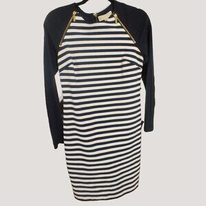 Michael Kors Dress Size 0 Womens Navy White Striped Long Sleeve Gold Zippers
